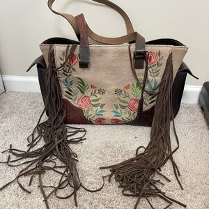 Ariat Audrey Collection Canvas & Leather Satchel Floral Embroidery Fringe Bag